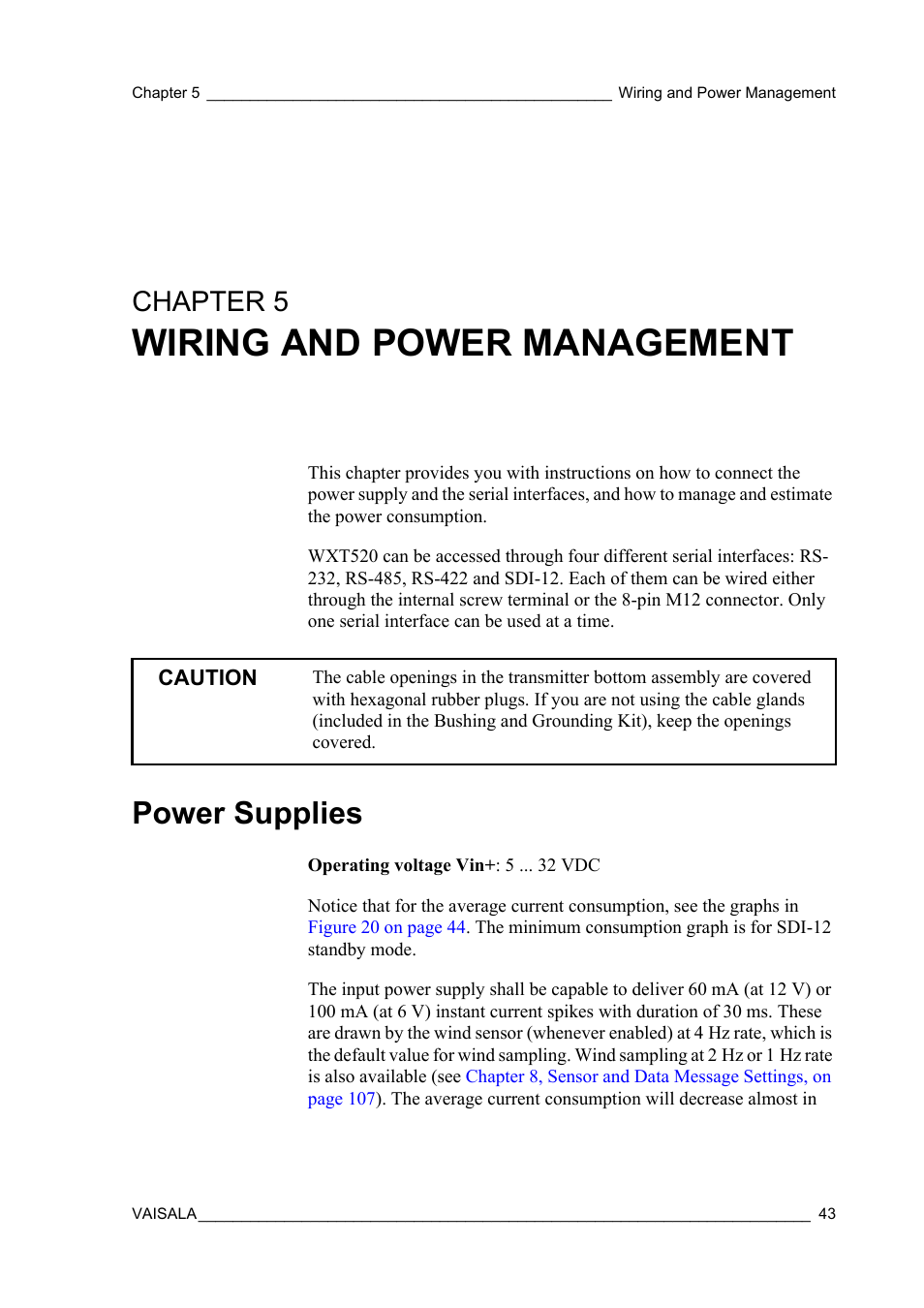Chapter 5 wiring and power management, Power supplies, Chapter 5 | Wiring and power management | Vaisala WXT520 User Manual | Page 45 / 171