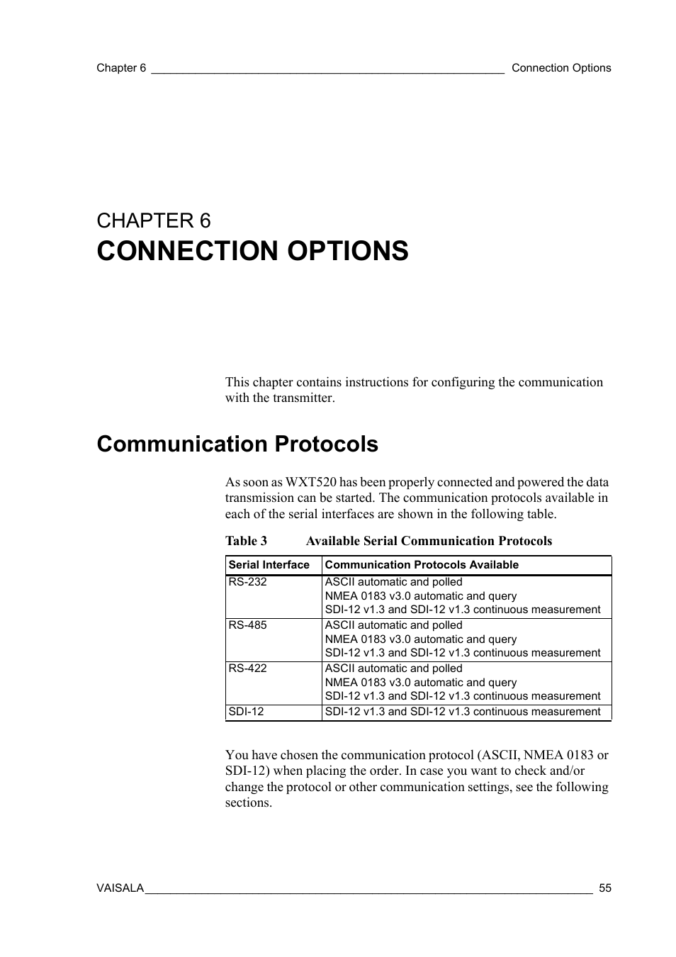 Chapter 6 connection options, Communication protocols, Chapter 6 | Table 3, Available serial communication protocols, Connection options | Vaisala WXT520 User Manual | Page 57 / 171
