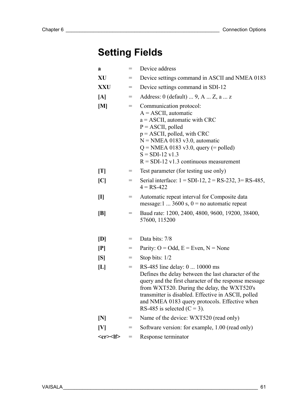 Setting fields | Vaisala WXT520 User Manual | Page 63 / 171