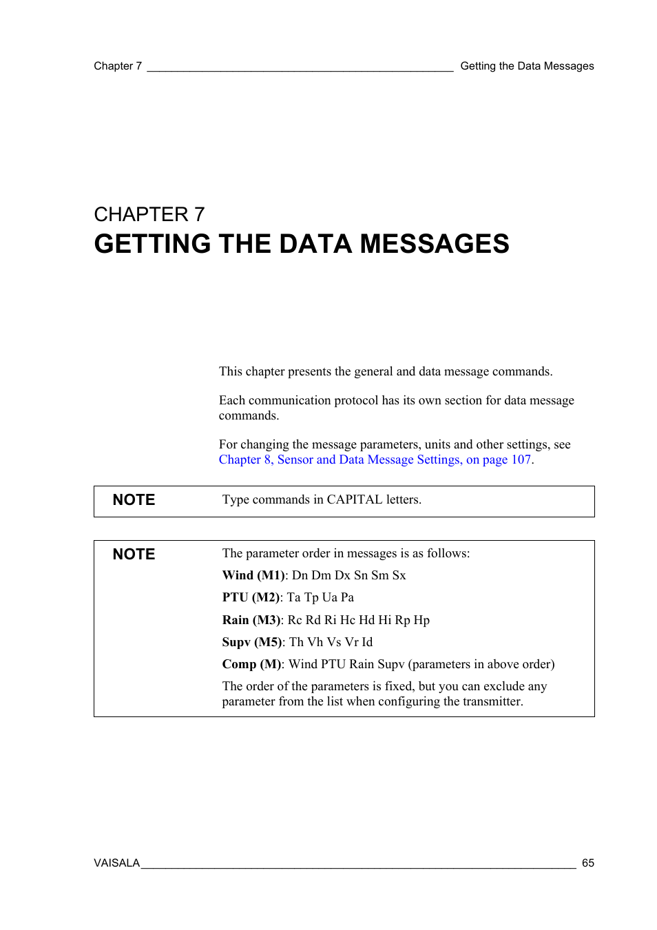 Chapter 7 getting the data messages, Chapter 7, Getting the data messages | Vaisala WXT520 User Manual | Page 67 / 171