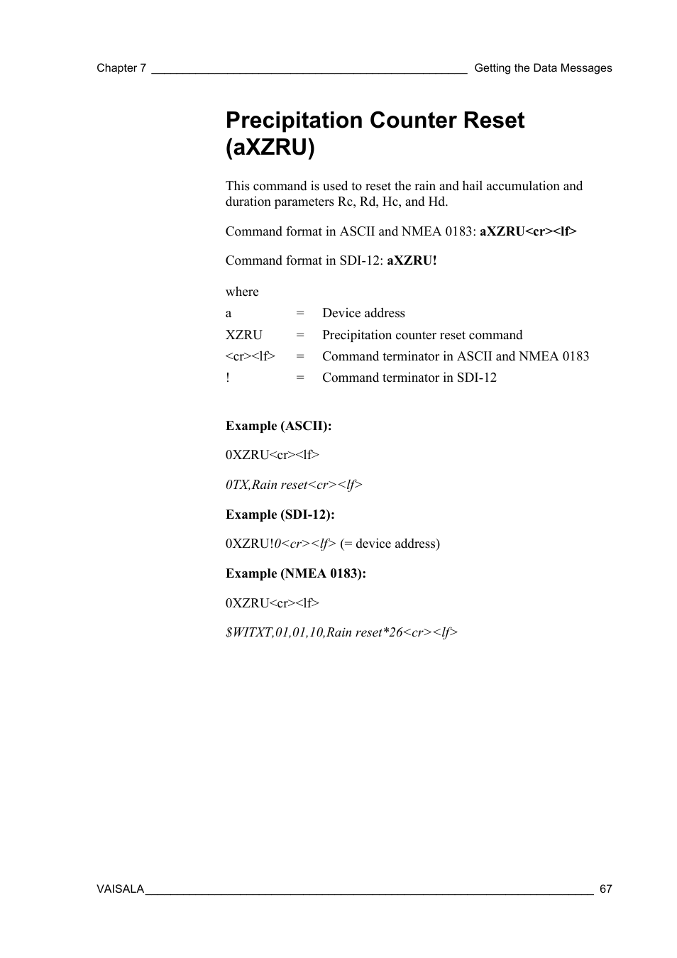 Precipitation counter reset (axzru) | Vaisala WXT520 User Manual | Page 69 / 171