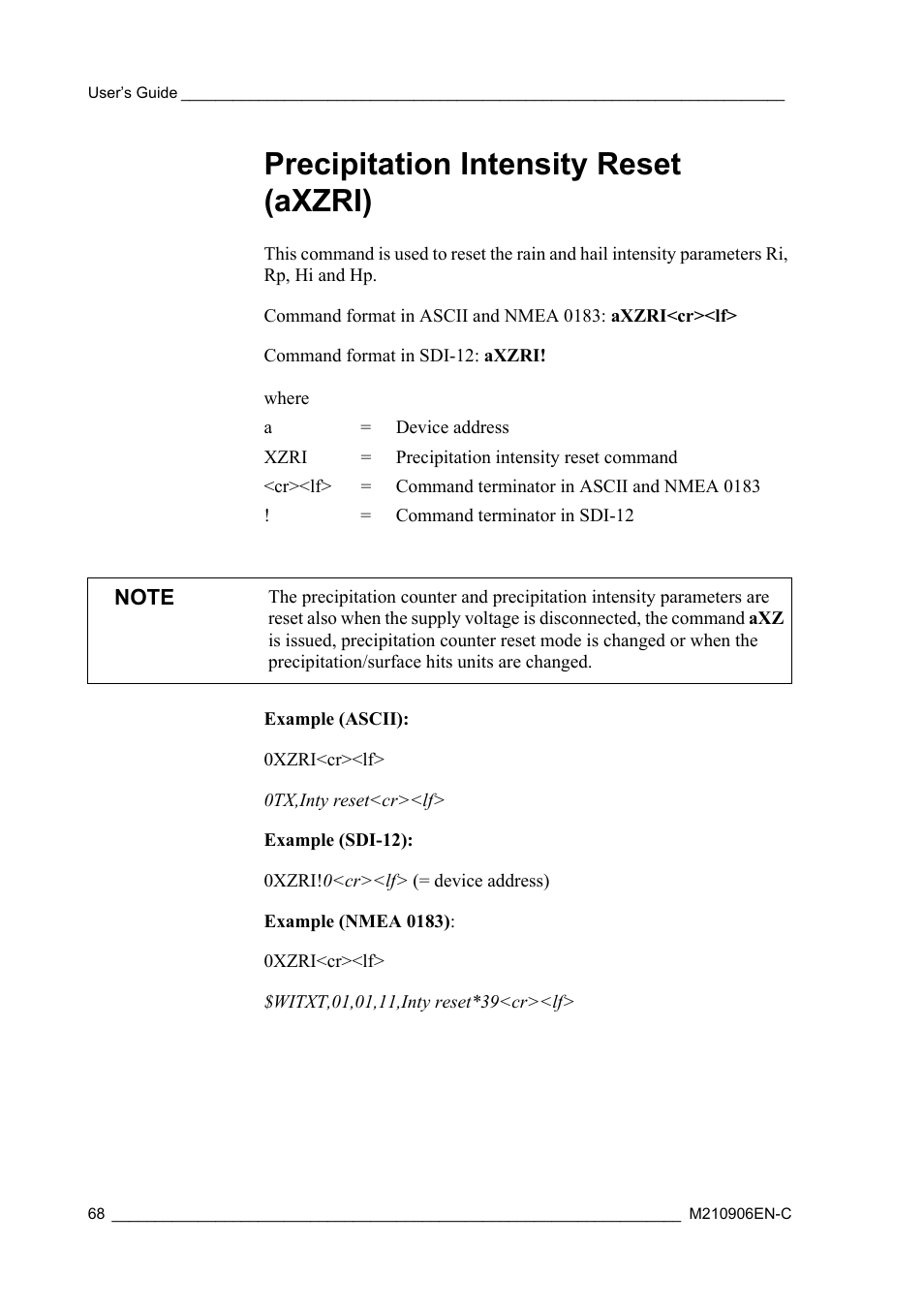 Precipitation intensity reset (axzri) | Vaisala WXT520 User Manual | Page 70 / 171