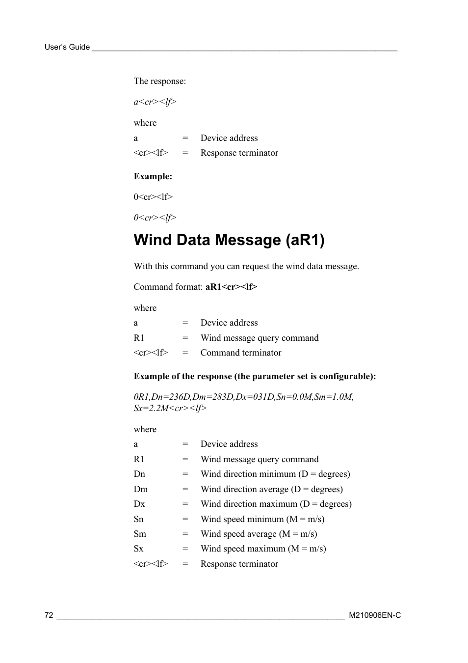 Wind data message (ar1) | Vaisala WXT520 User Manual | Page 74 / 171