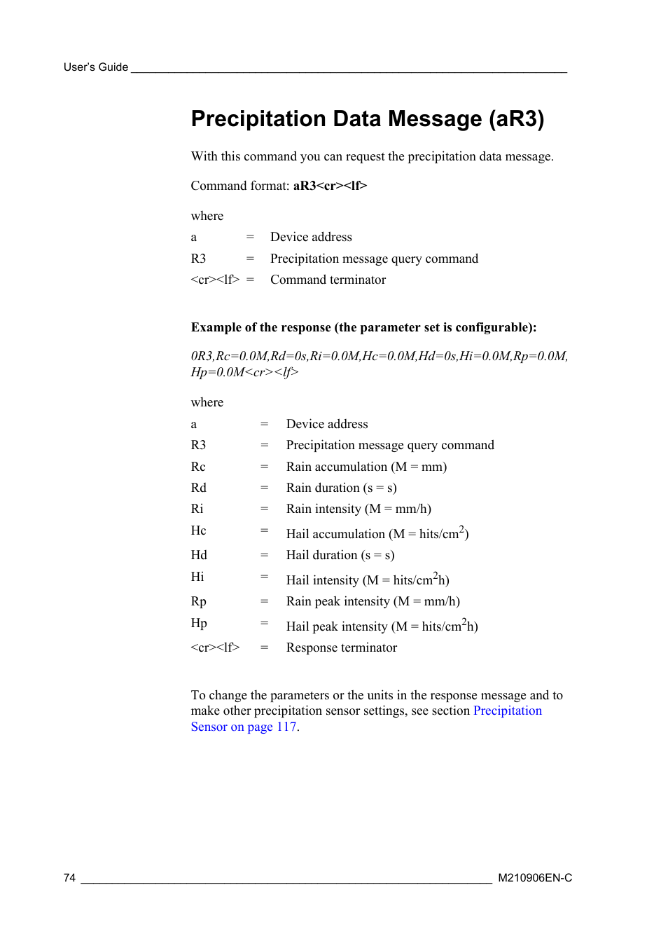 Precipitation data message (ar3) | Vaisala WXT520 User Manual | Page 76 / 171