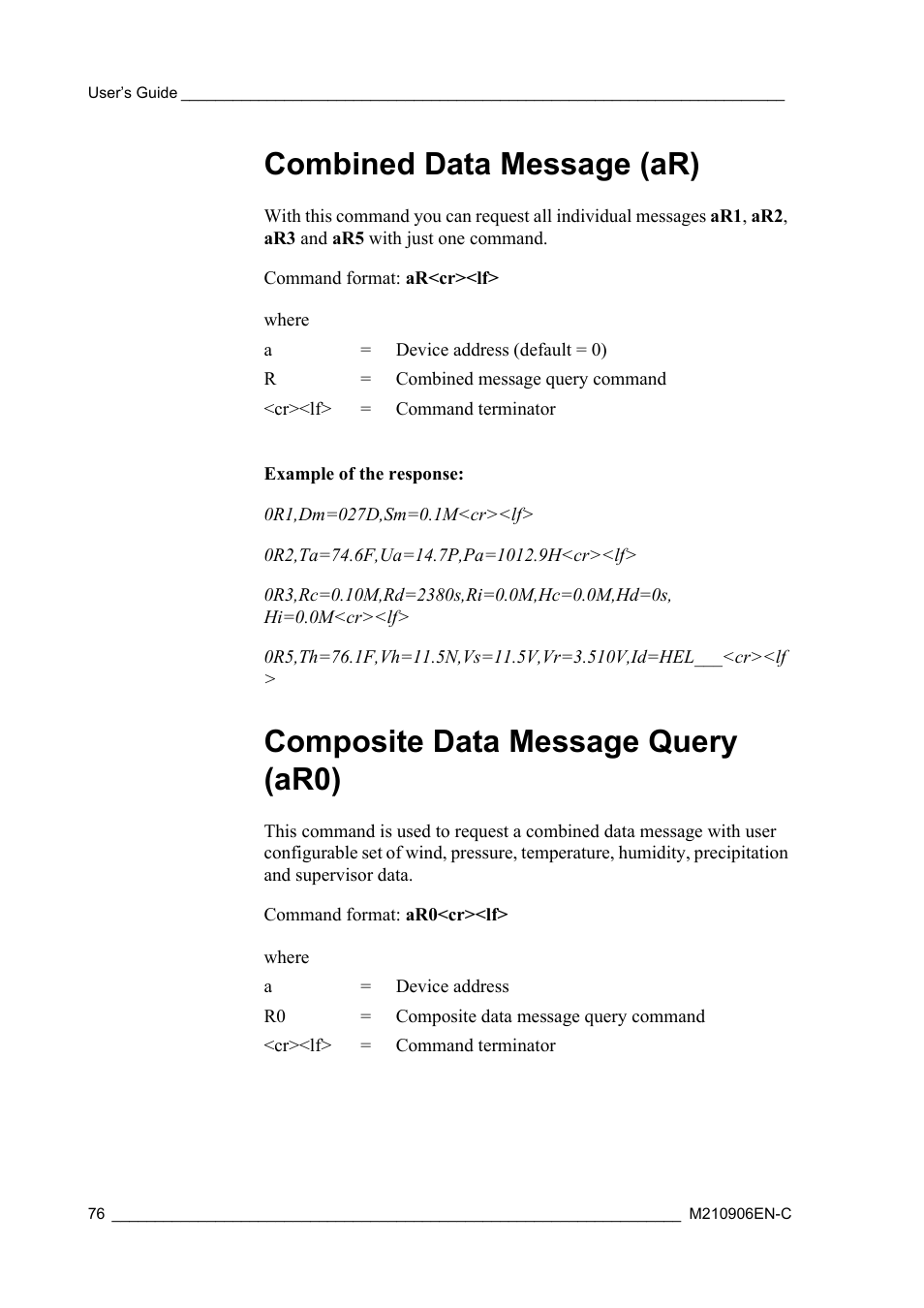 Combined data message (ar), Composite data message query (ar0) | Vaisala WXT520 User Manual | Page 78 / 171
