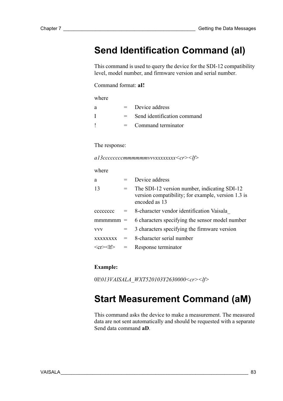 Send identification command (ai), Start measurement command (am) | Vaisala WXT520 User Manual | Page 85 / 171