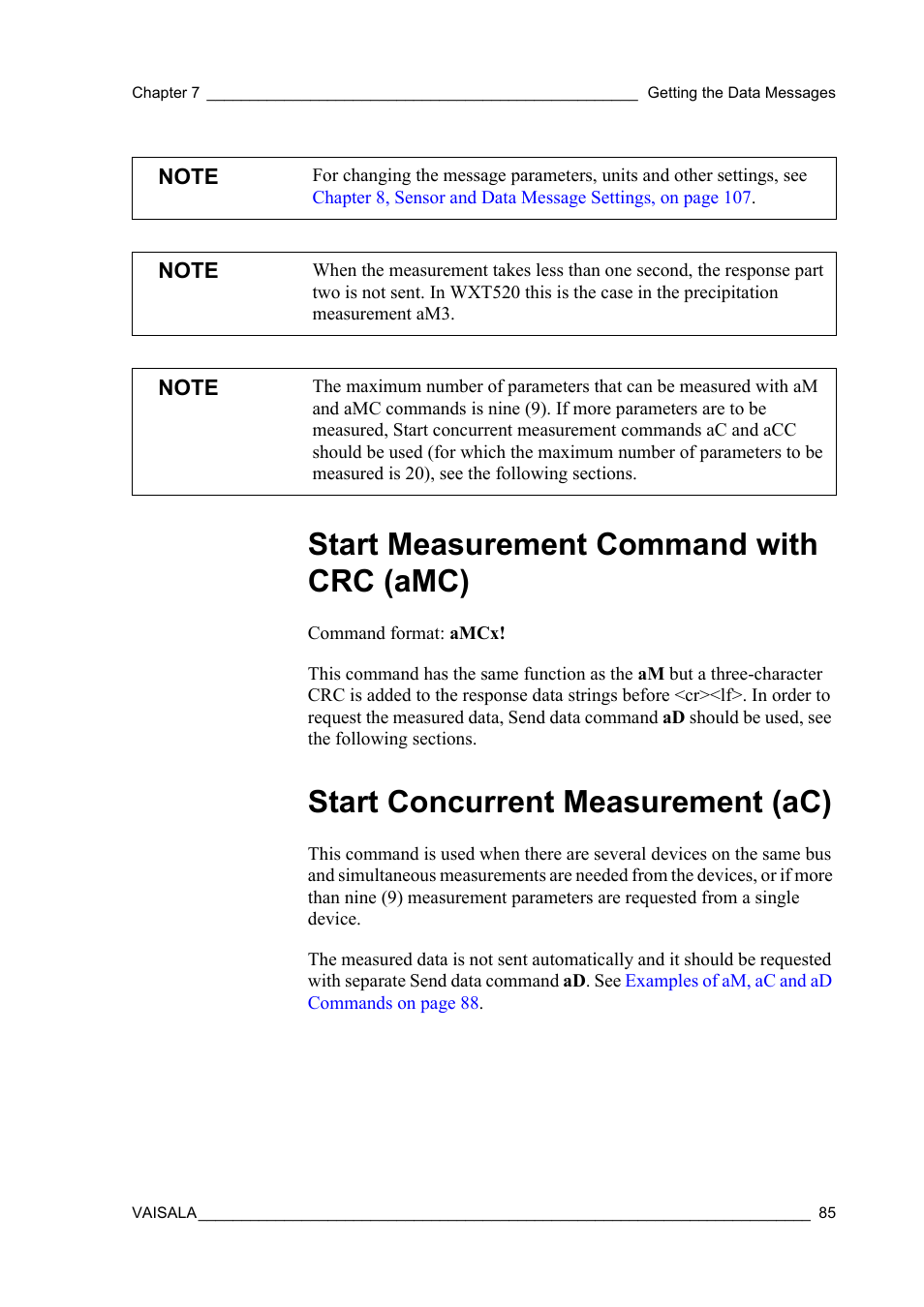 Start measurement command with crc (amc), Start concurrent measurement (ac) | Vaisala WXT520 User Manual | Page 87 / 171