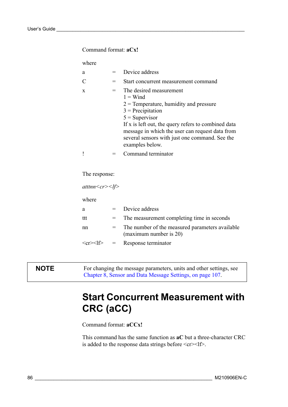 Start concurrent measurement with crc (acc) | Vaisala WXT520 User Manual | Page 88 / 171