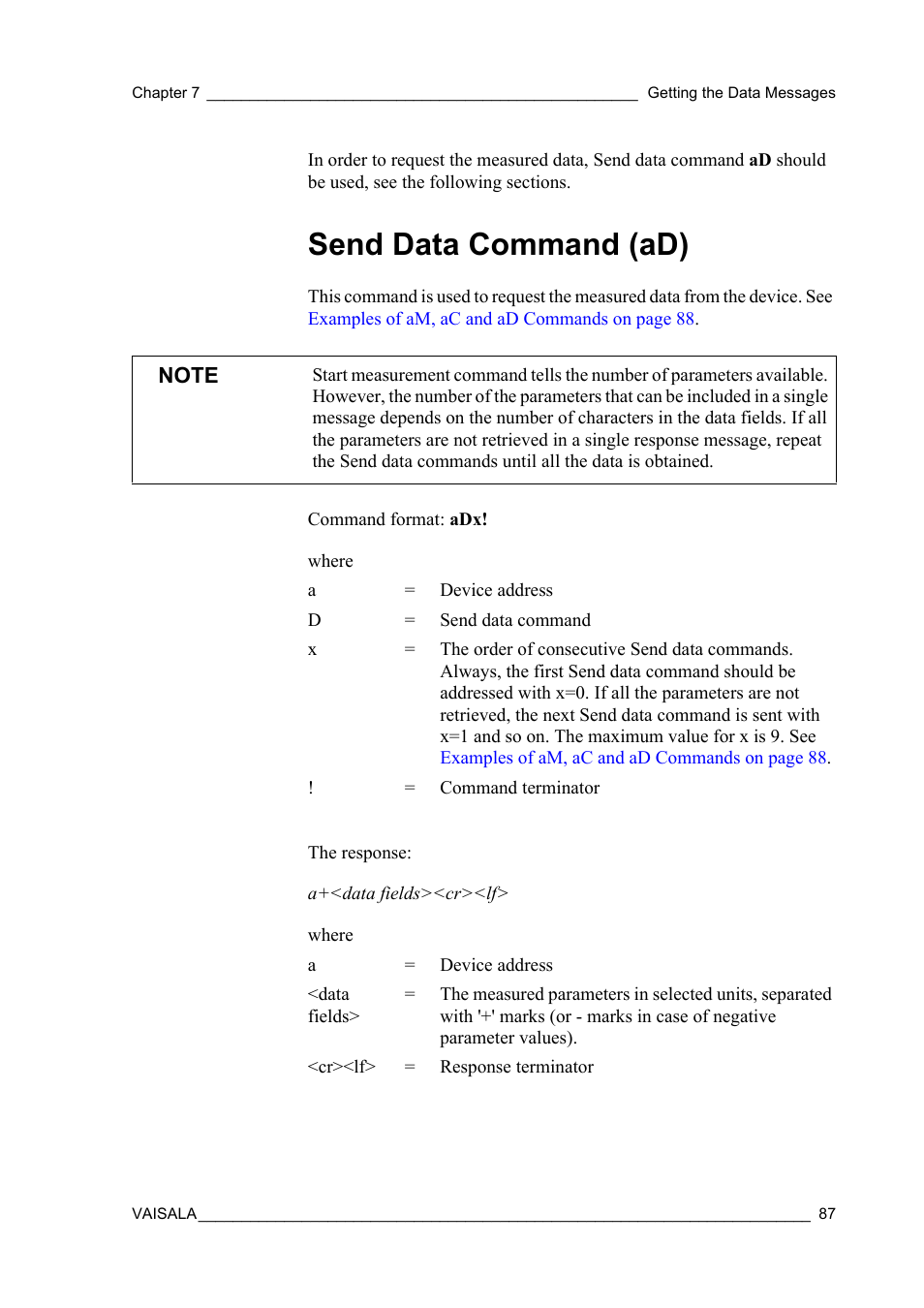 Send data command (ad) | Vaisala WXT520 User Manual | Page 89 / 171