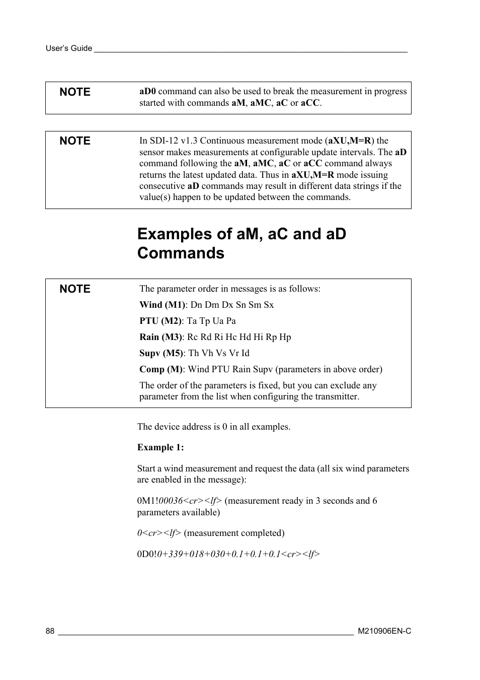 Examples of am, ac and ad commands, Examples of, Examples of am, ac and ad | Vaisala WXT520 User Manual | Page 90 / 171