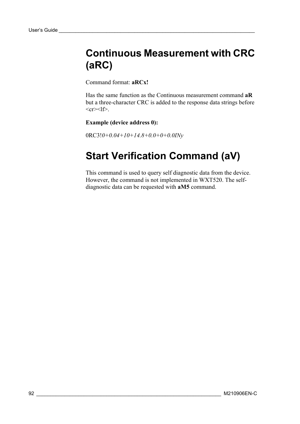 Continuous measurement with crc (arc), Start verification command (av) | Vaisala WXT520 User Manual | Page 94 / 171