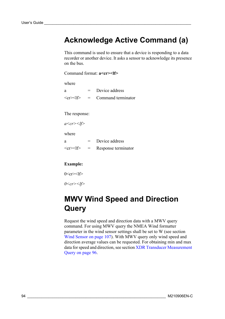 Acknowledge active command (a), Mwv wind speed and direction query | Vaisala WXT520 User Manual | Page 96 / 171