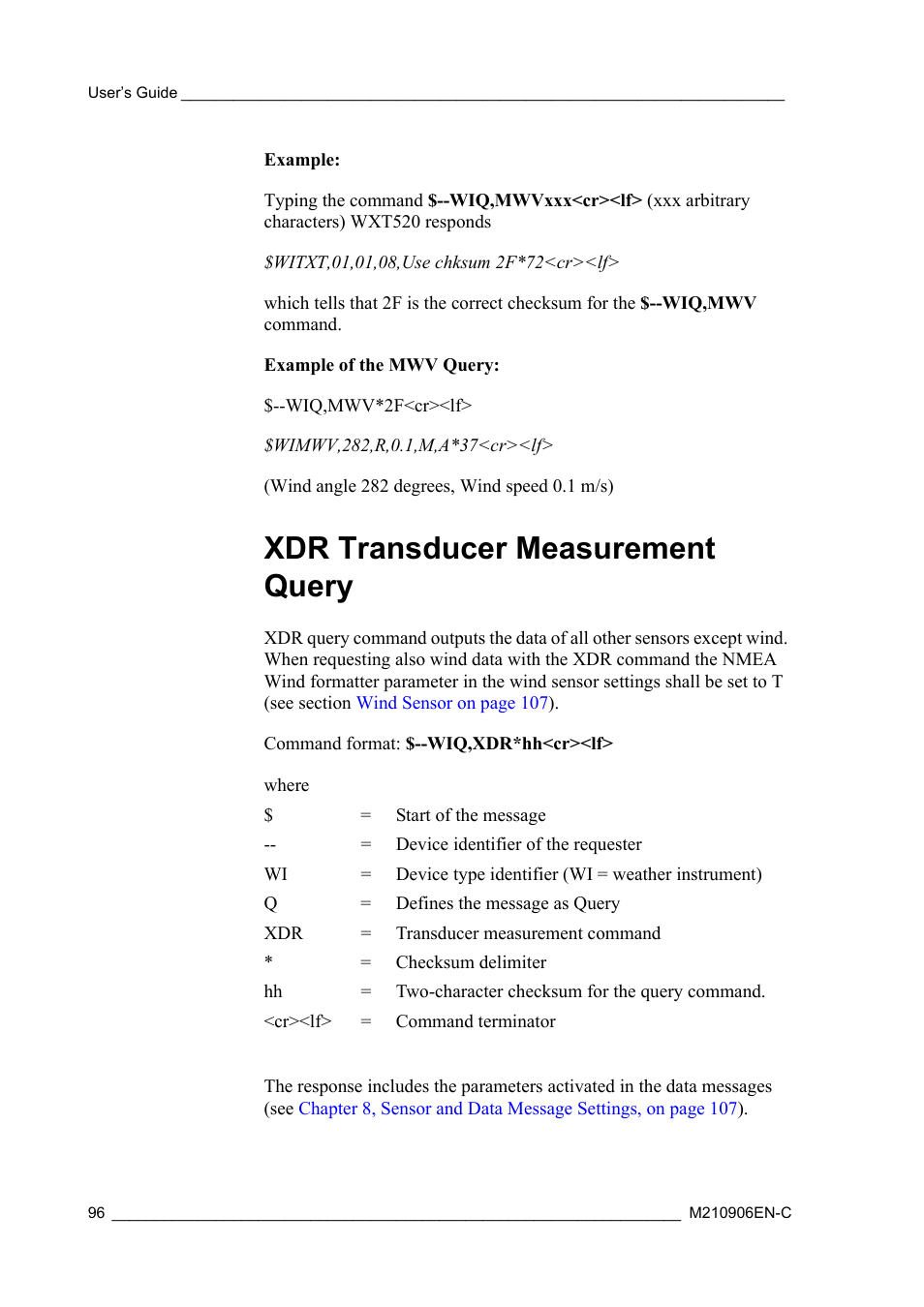 Xdr transducer measurement query, Xdr transducer measurement | Vaisala WXT520 User Manual | Page 98 / 171