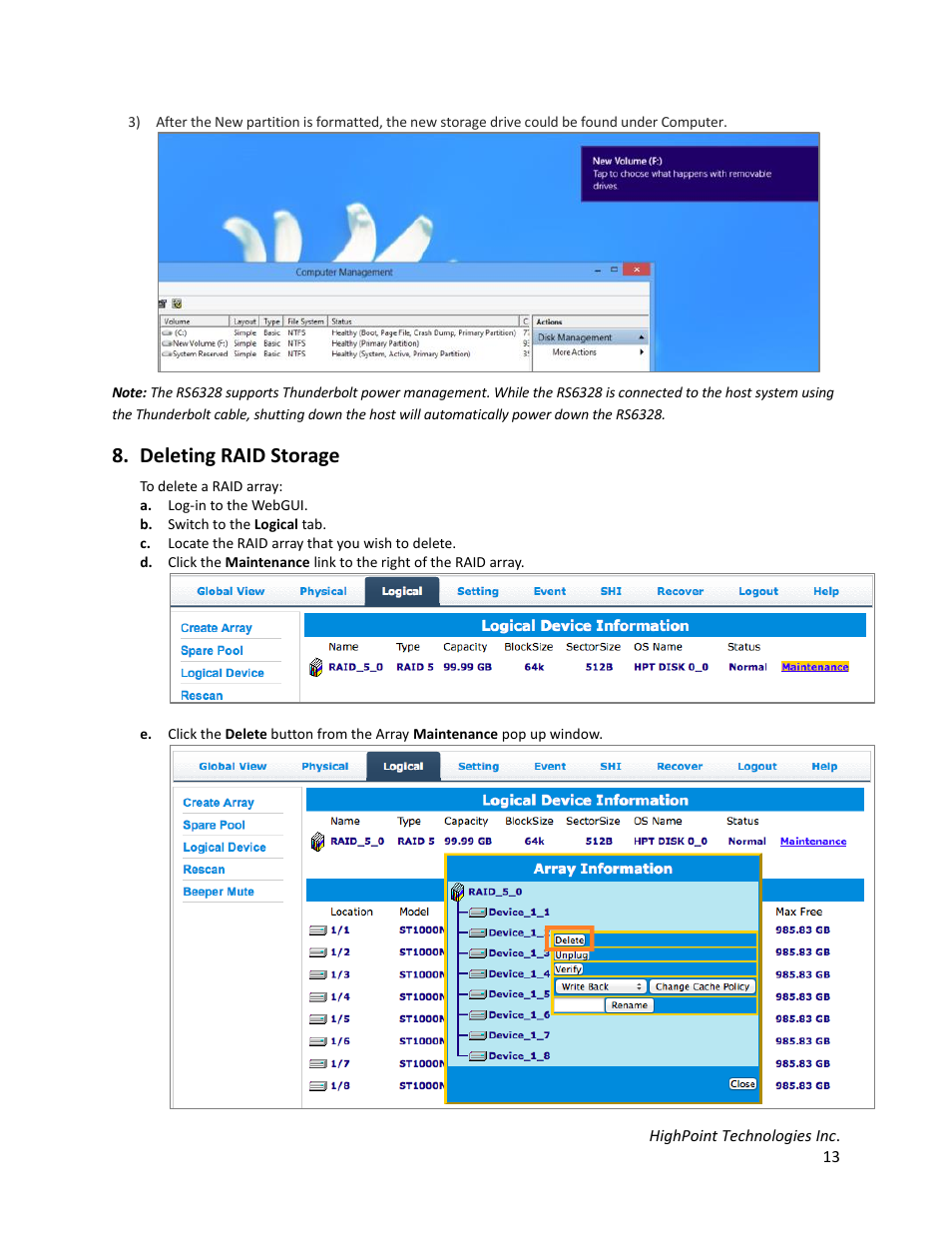 Deleting raid storage | HighPoint RocketStor 6328 User Manual | Page 13 / 40