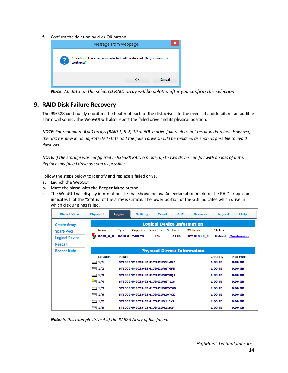 Raid disk failure recovery | HighPoint RocketStor 6328 User Manual | Page 14 / 40