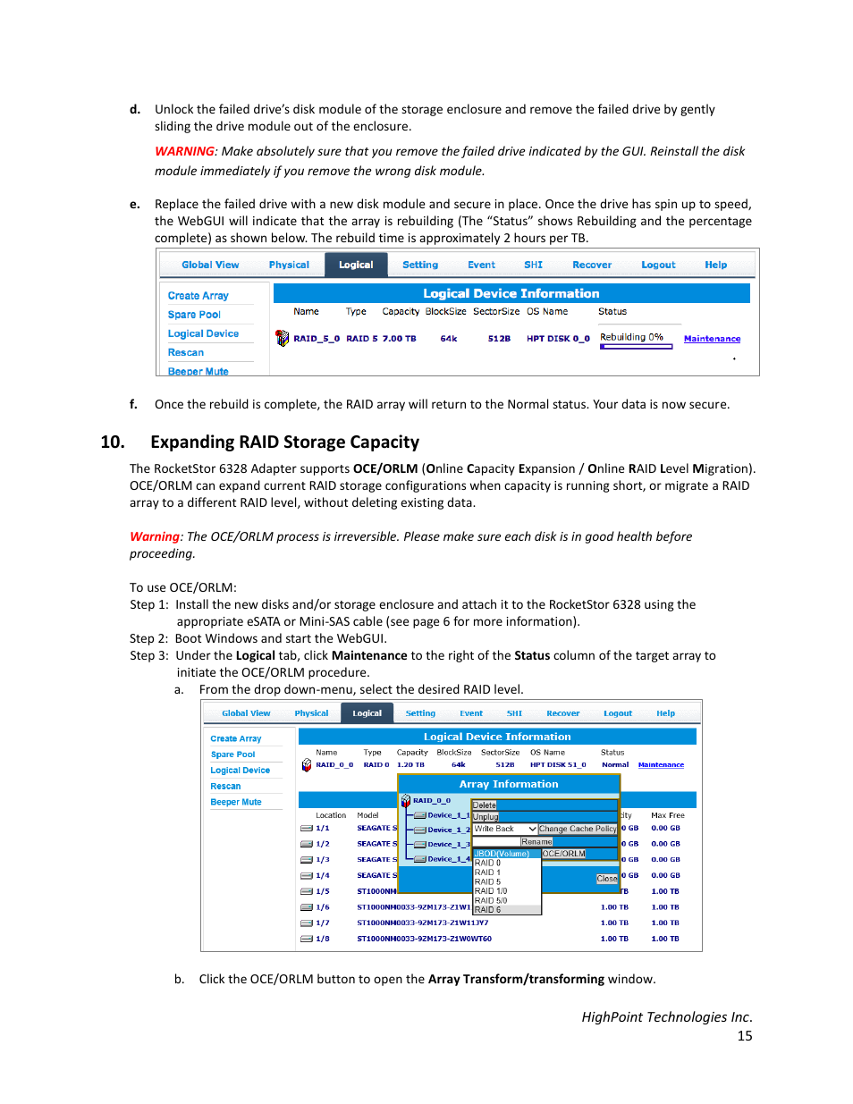Expanding raid storage capacity | HighPoint RocketStor 6328 User Manual | Page 15 / 40