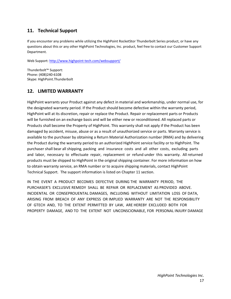 Technical support, Limited warranty | HighPoint RocketStor 6328 User Manual | Page 17 / 40