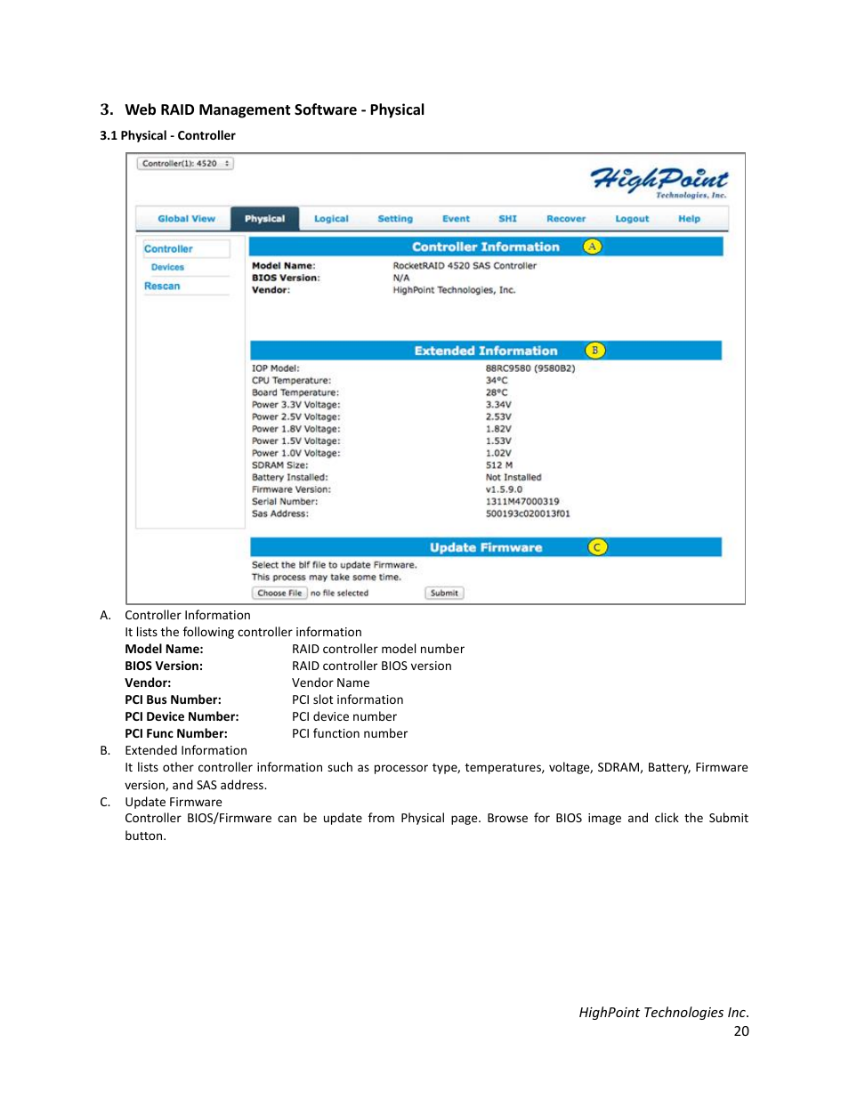 Web raid management software - physical, 1 physical - controller | HighPoint RocketStor 6328 User Manual | Page 20 / 40