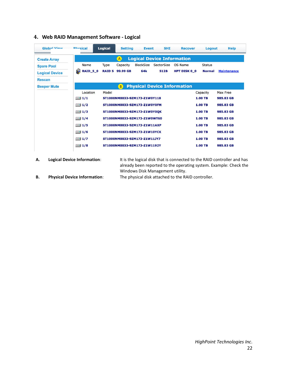 Web raid management software - logical | HighPoint RocketStor 6328 User Manual | Page 22 / 40