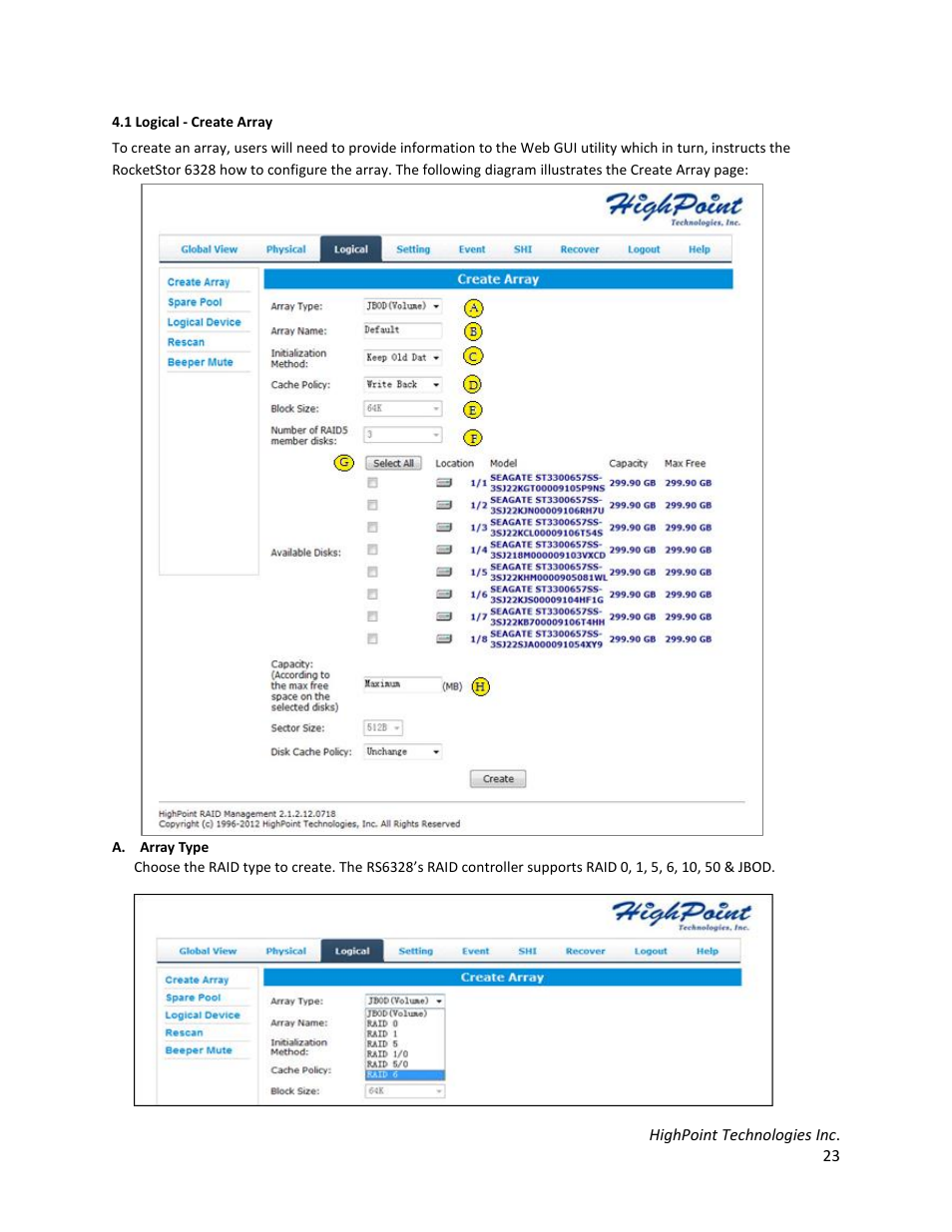 1 logical - create array | HighPoint RocketStor 6328 User Manual | Page 23 / 40