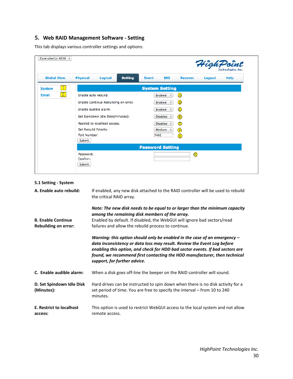 Web raid management software - setting, 1 setting - system | HighPoint RocketStor 6328 User Manual | Page 30 / 40