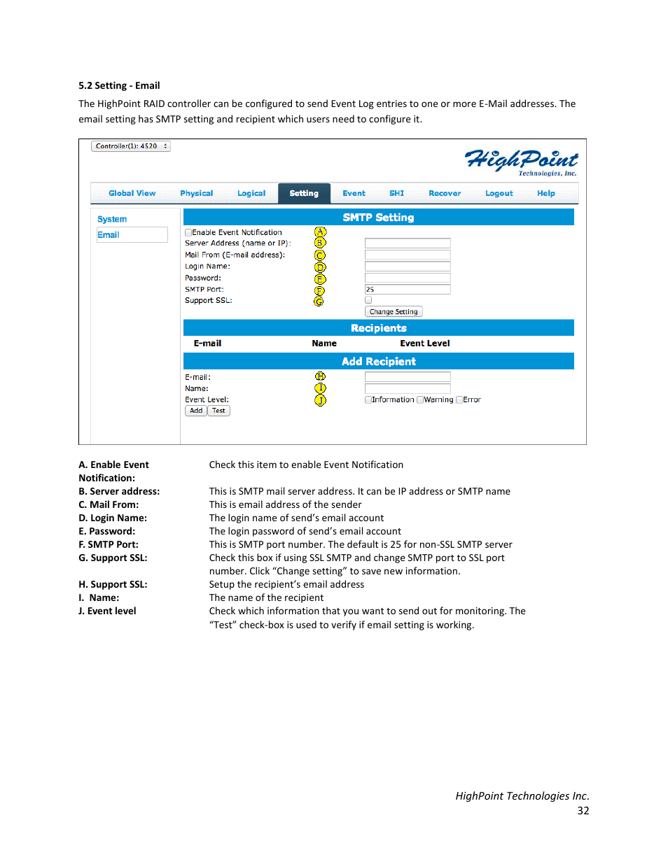 2 setting - email | HighPoint RocketStor 6328 User Manual | Page 32 / 40