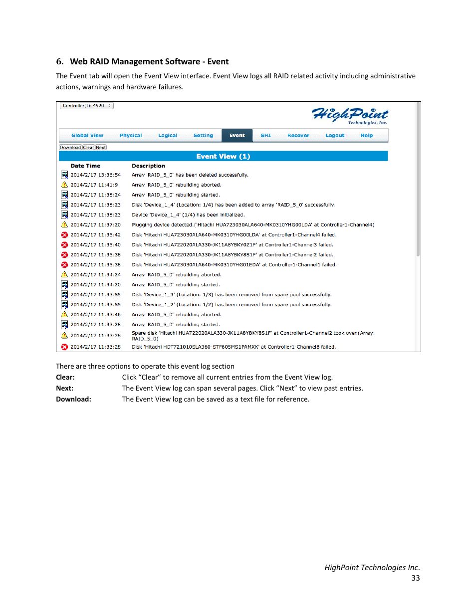 Web raid management software - event | HighPoint RocketStor 6328 User Manual | Page 33 / 40