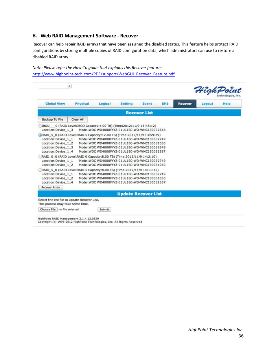 Web raid management software - recover | HighPoint RocketStor 6328 User Manual | Page 36 / 40