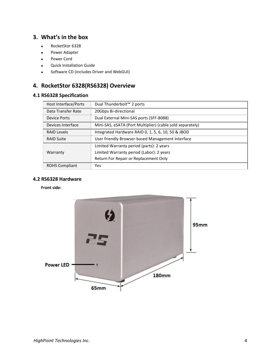 What’s in the box, Rocketstor 6328(rs6328) overview, 1 rs6328 specification | 2 rs6328 hardware | HighPoint RocketStor 6328 User Manual | Page 4 / 40