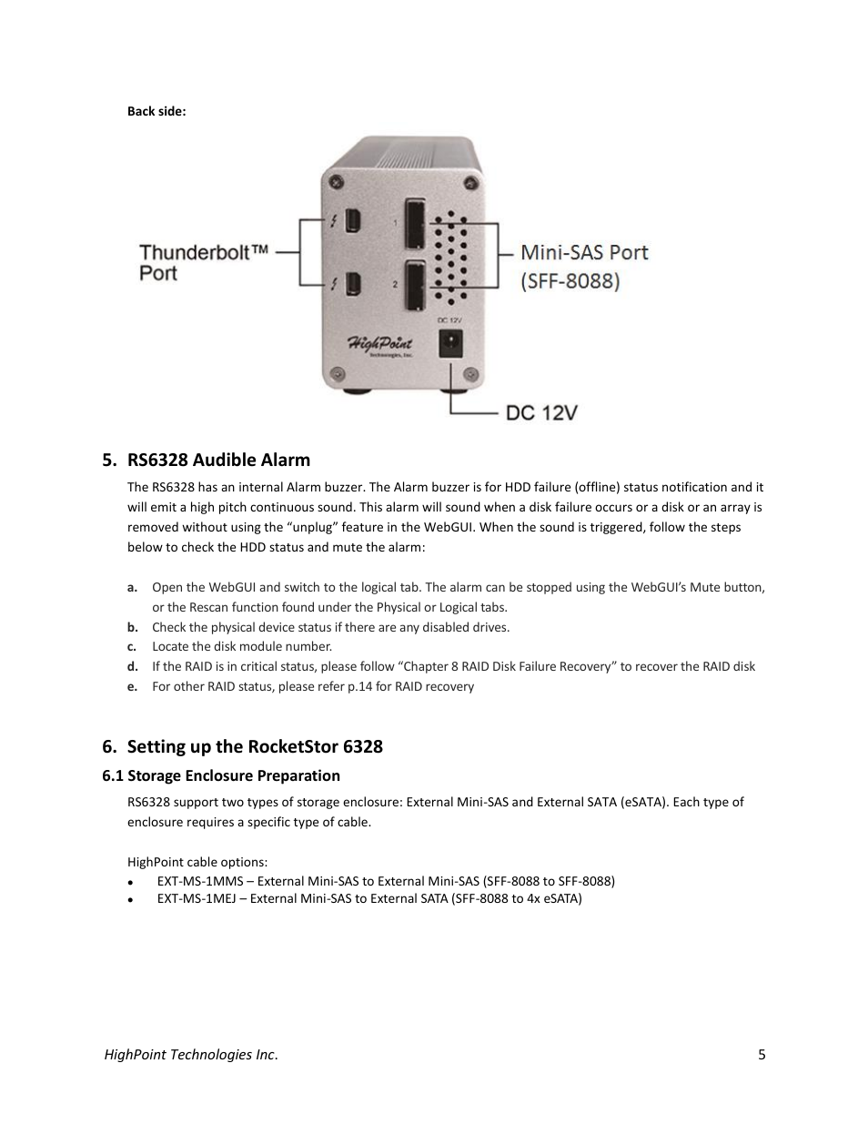 Rs6328 audible alarm, Setting up the rocketstor 6328, 1 storage enclosure preparation | HighPoint RocketStor 6328 User Manual | Page 5 / 40