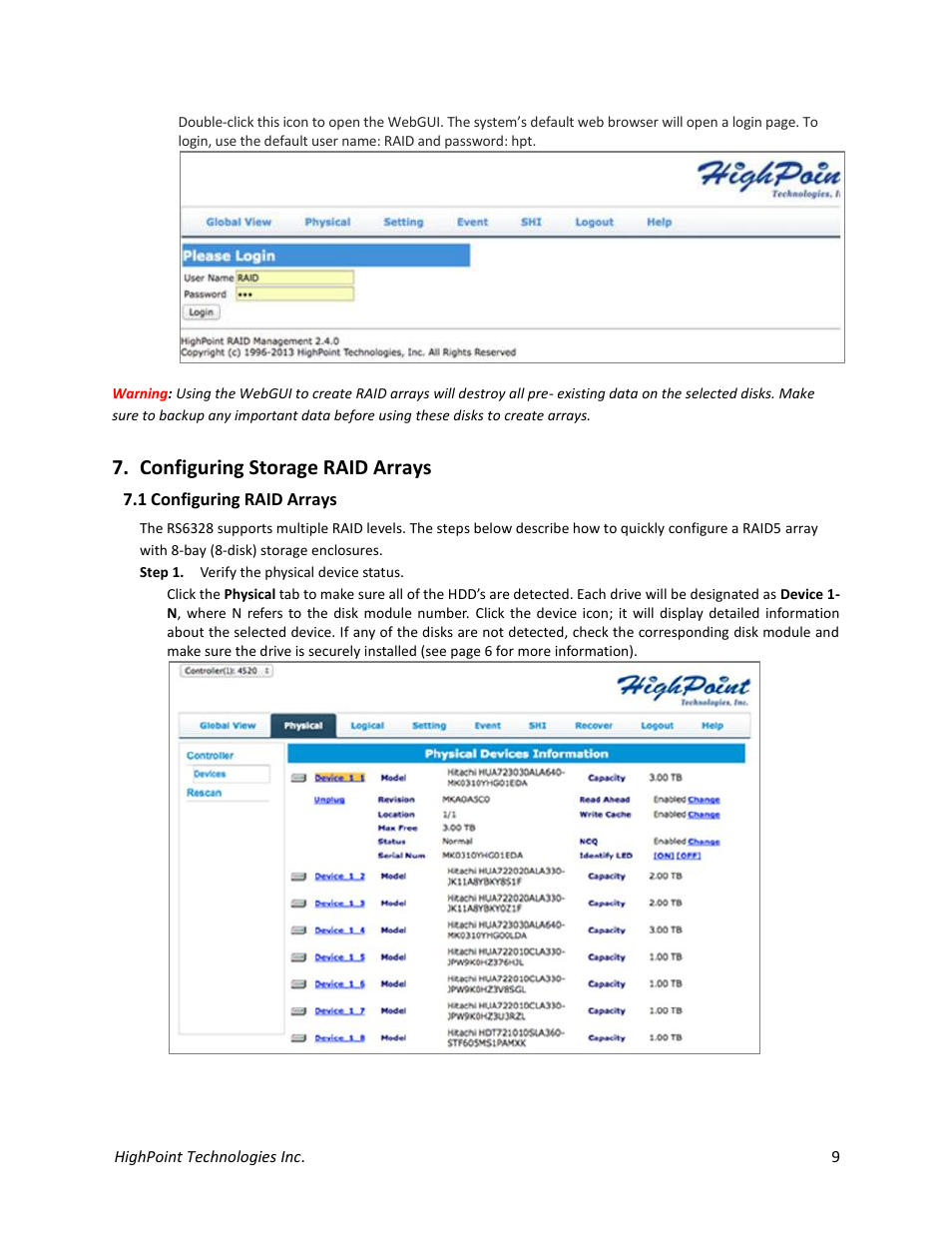 Configuring storage raid arrays, 1 configuring raid arrays | HighPoint RocketStor 6328 User Manual | Page 9 / 40