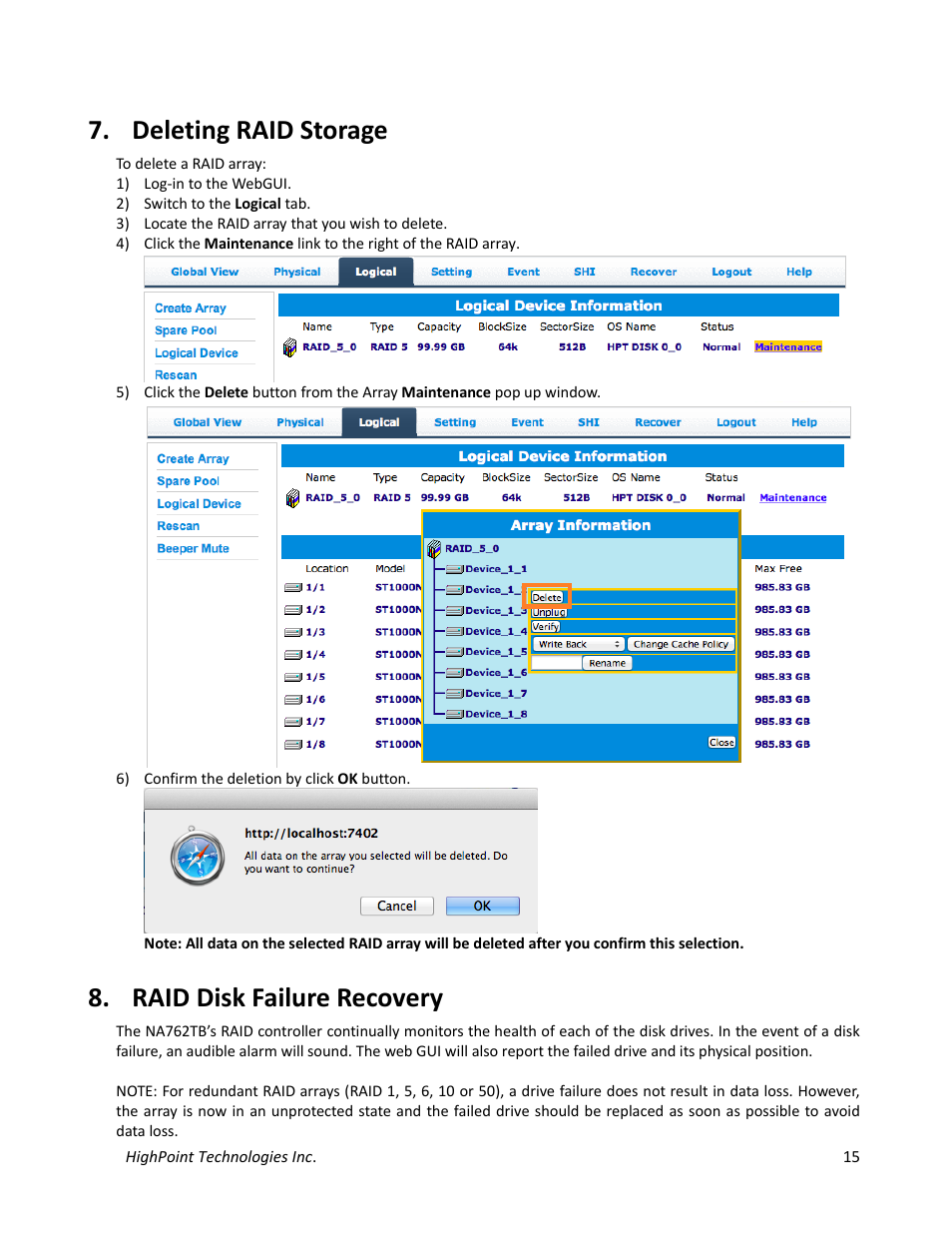 Deleting raid storage, Raid disk failure recovery | HighPoint NA762TB User Manual | Page 15 / 41