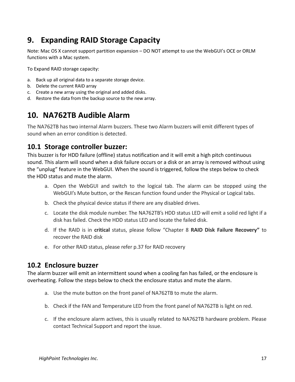 Expanding raid storage capacity, Na762tb audible alarm, 1 storage controller buzzer | 2 enclosure buzzer | HighPoint NA762TB User Manual | Page 17 / 41