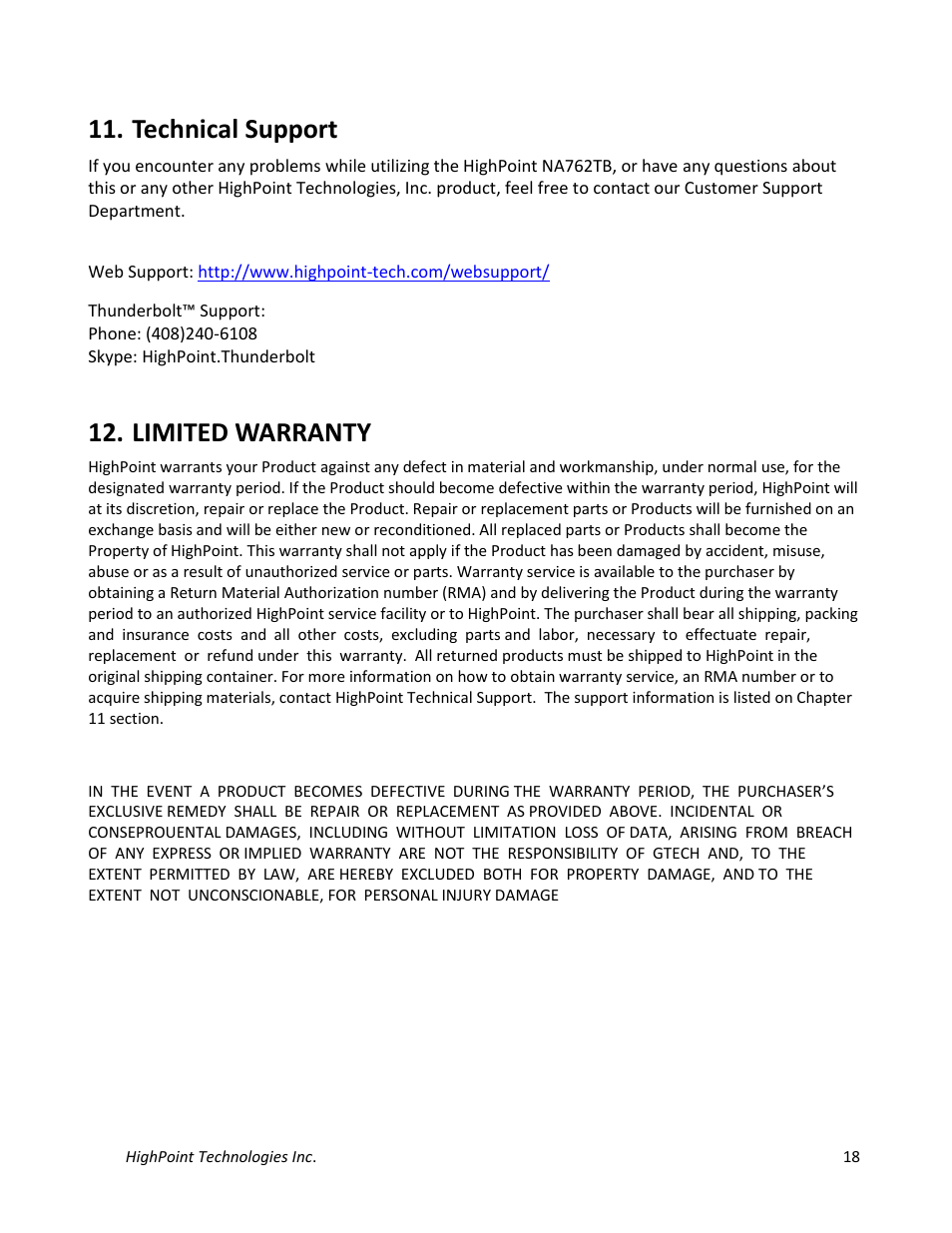 Technical support, Limited warranty | HighPoint NA762TB User Manual | Page 18 / 41