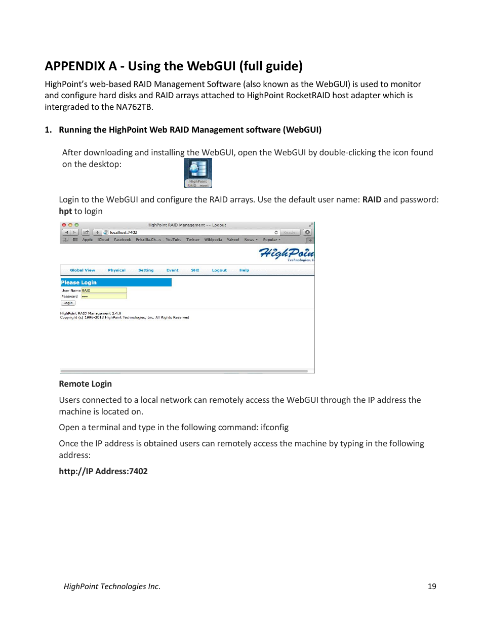 Appendix a - using the webgui (full guide) | HighPoint NA762TB User Manual | Page 19 / 41