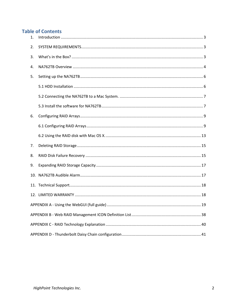HighPoint NA762TB User Manual | Page 2 / 41
