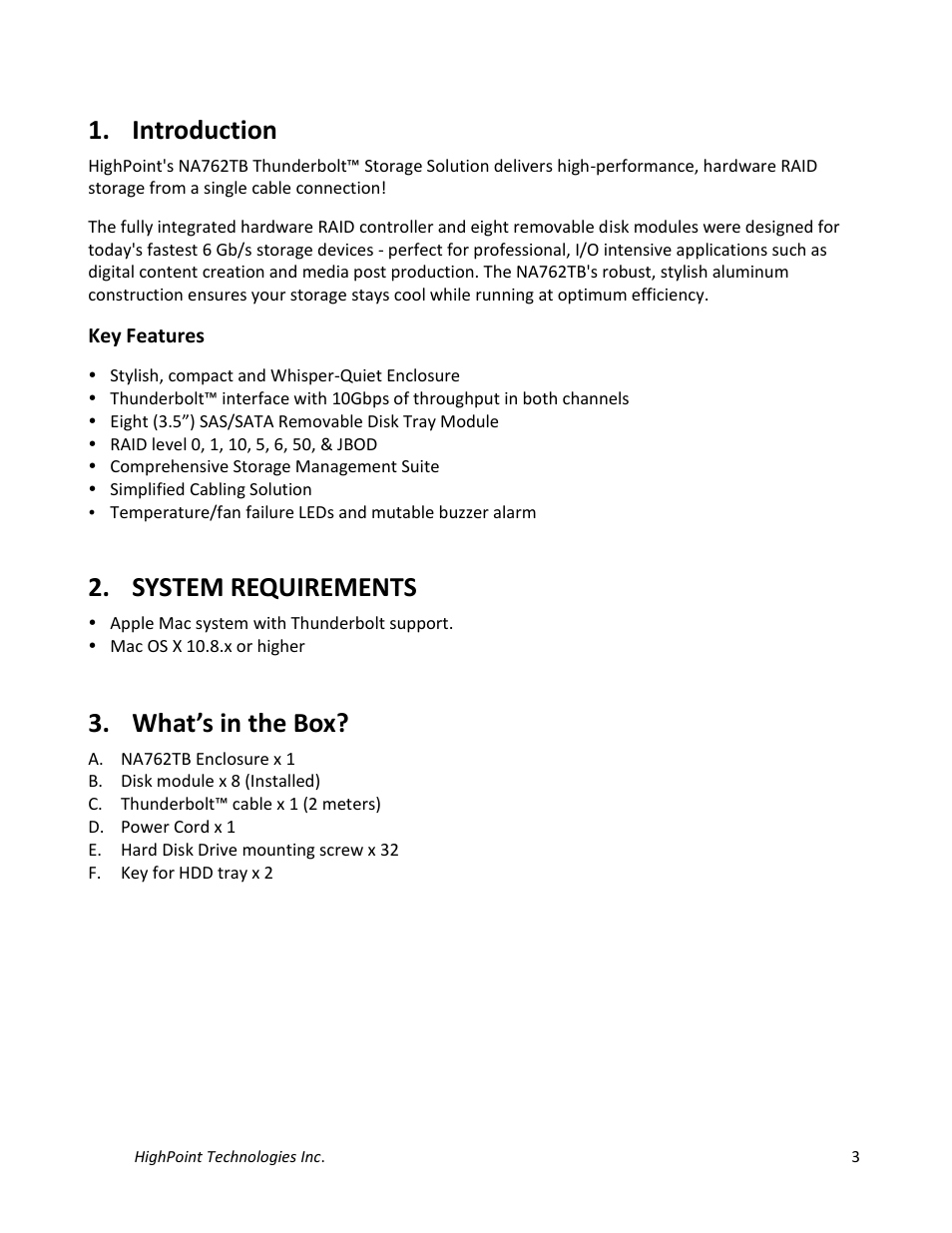 Introduction, System requirements, What’s in the box | HighPoint NA762TB User Manual | Page 3 / 41