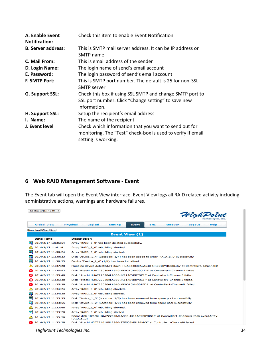 6 web raid management software - event | HighPoint NA762TB User Manual | Page 34 / 41