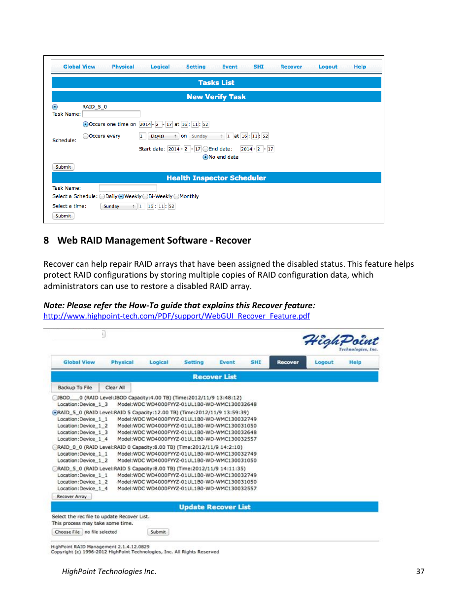 8 web raid management software - recover | HighPoint NA762TB User Manual | Page 37 / 41