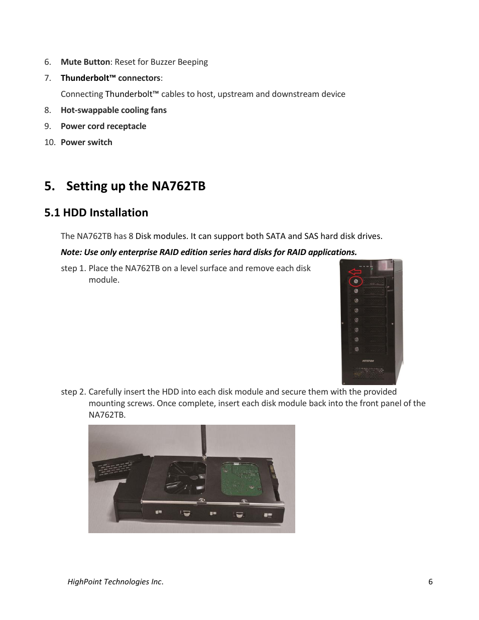 Setting up the na762tb, 1 hdd installation | HighPoint NA762TB User Manual | Page 6 / 41