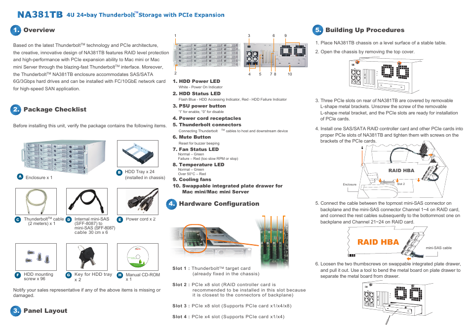 Raid hba, Hardware configuration 5. building up procedures, Overview 2. package checklist 3. panel layout | HighPoint NA333TB User Manual | Page 2 / 3