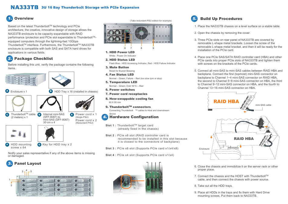 Hardware configuration 5. build up procedures, Overview 2. package checklist 3. panel layout, Raid hba | HighPoint NA333TB User Manual | Page 2 / 3