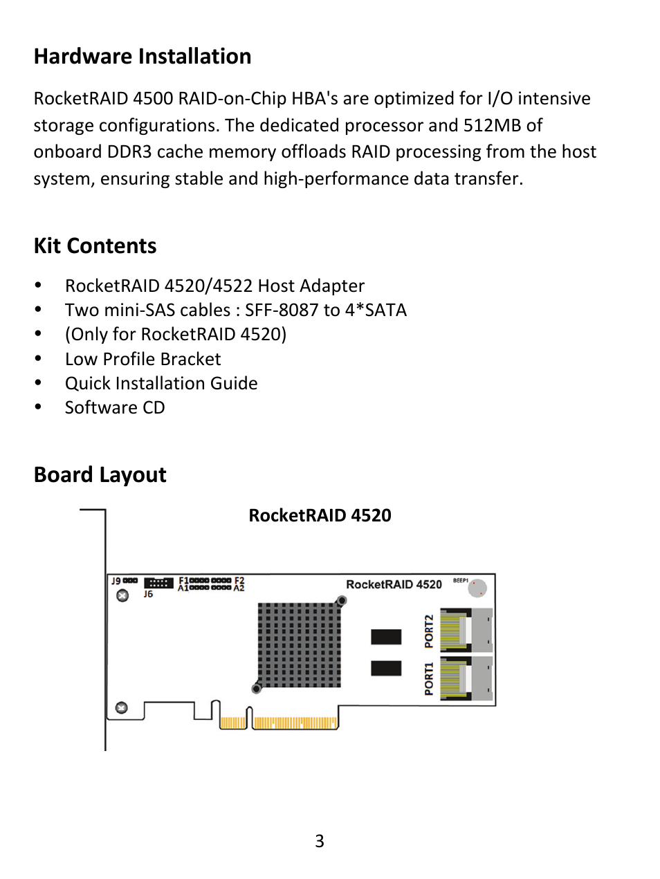 Hardware installation, Kit contents, Board layout | HighPoint RocketRAID 4522 User Manual | Page 3 / 8