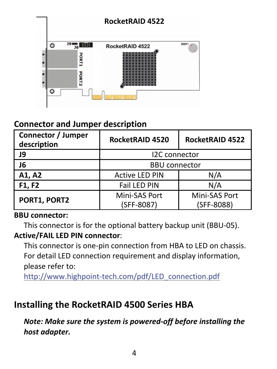 Board layout, Installing the rocketraid 4500 series hba | HighPoint RocketRAID 4522 User Manual | Page 4 / 8