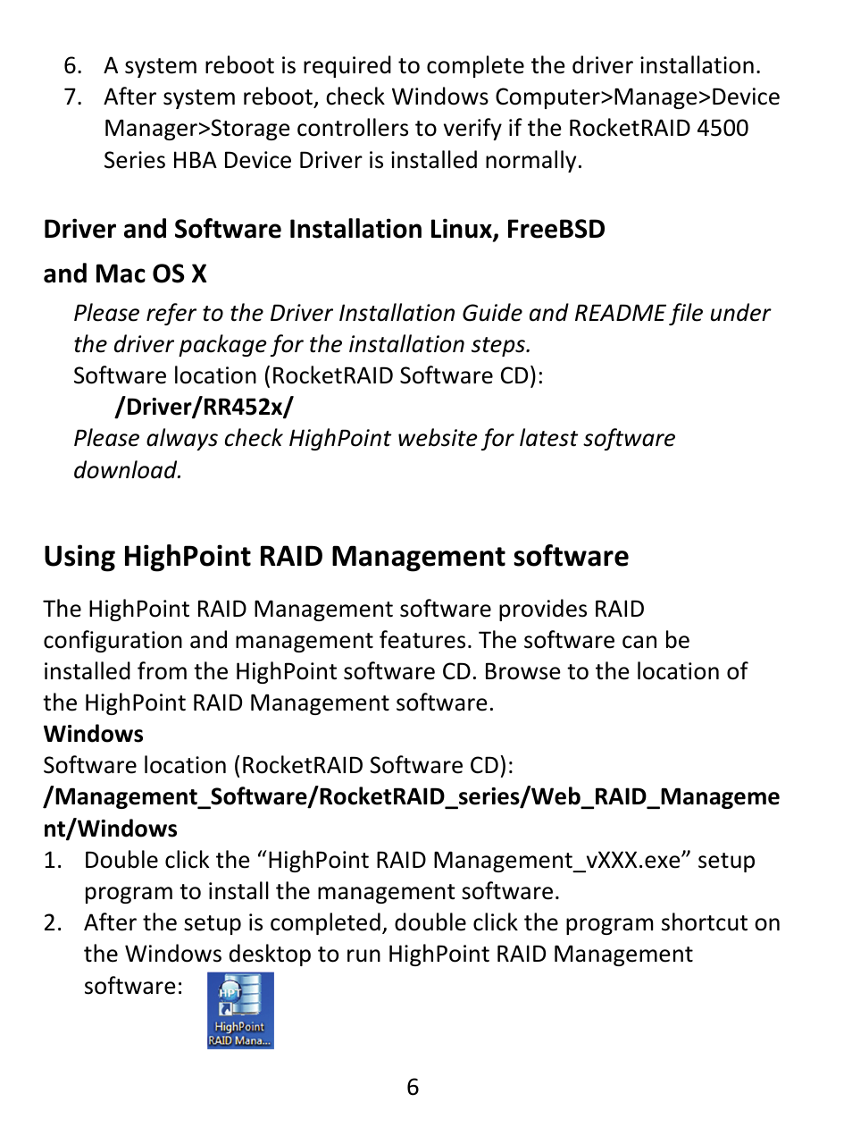 Using highpoint raid management software | HighPoint RocketRAID 4522 User Manual | Page 6 / 8