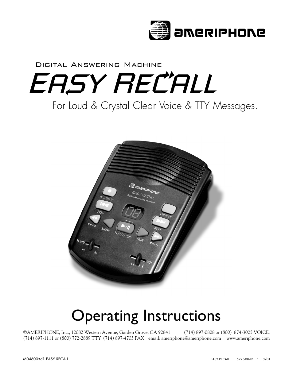 Ameriphone Digital Answering Machine User Manual | 26 pages