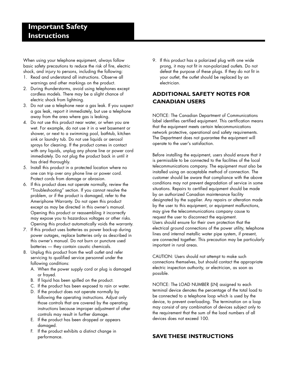 Important safety instructions | Ameriphone Digital Answering Machine User Manual | Page 2 / 26
