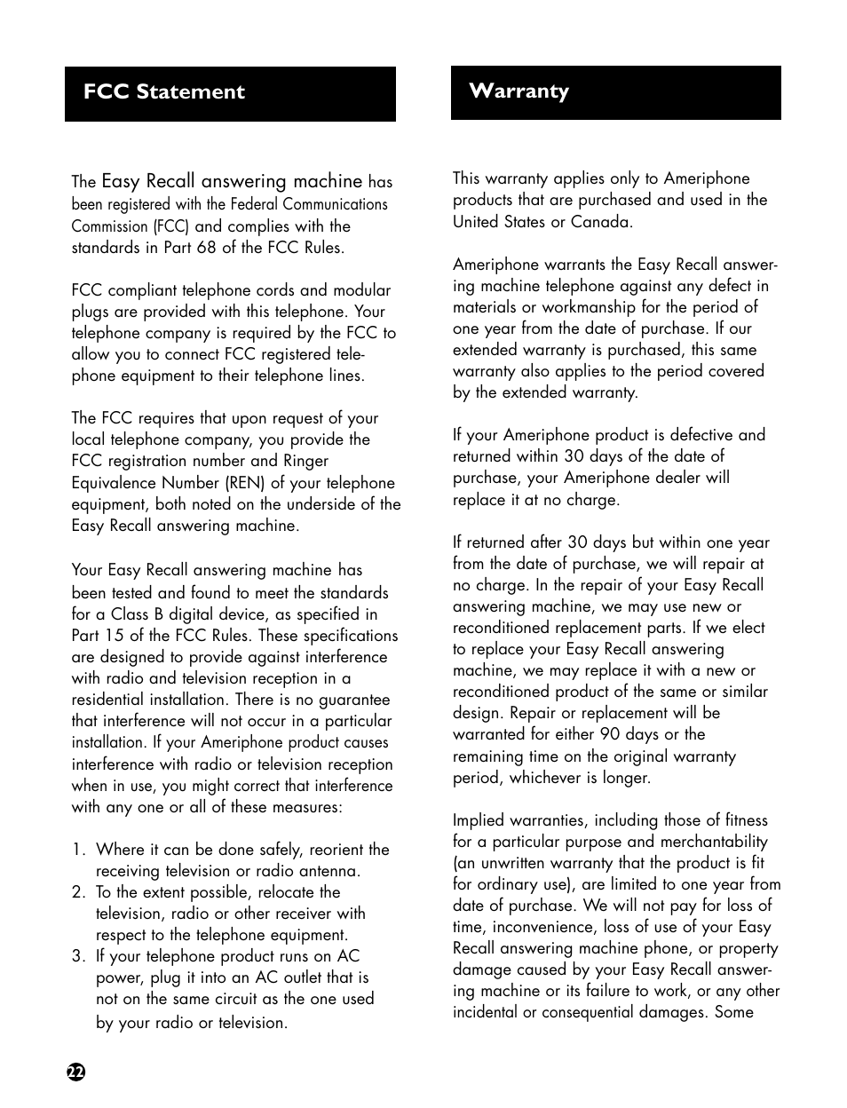 Fcc statement warranty | Ameriphone Digital Answering Machine User Manual | Page 24 / 26