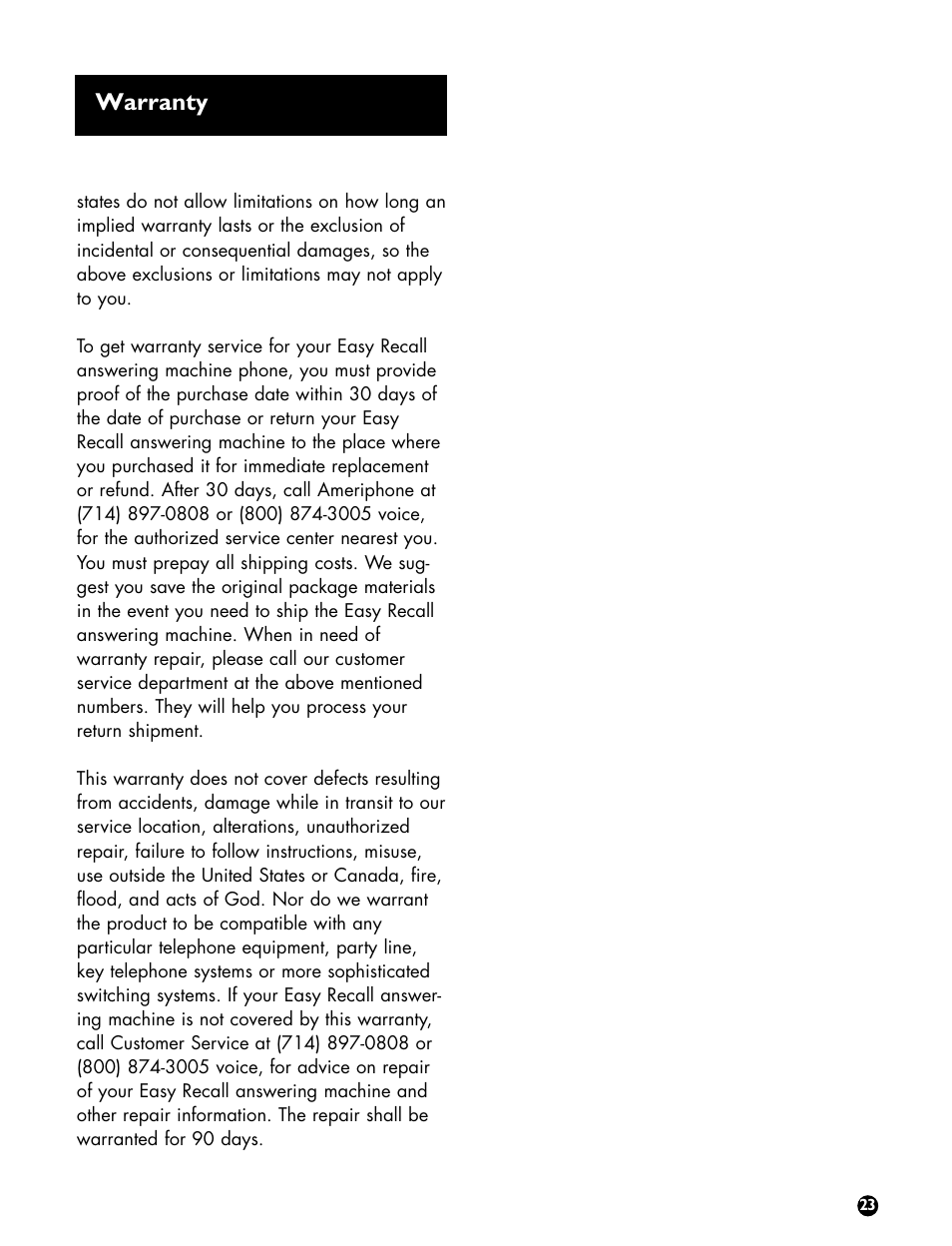 Warranty | Ameriphone Digital Answering Machine User Manual | Page 25 / 26