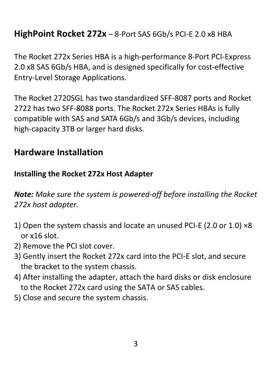 Highpoint rocket 272x, Hardware installation | HighPoint Rocket 2720SGL User Manual | Page 3 / 8